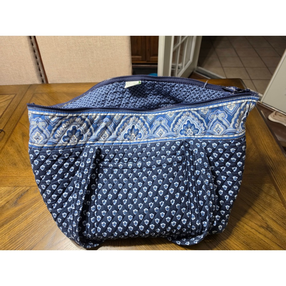Vera Bradley Navy Blue Paisley Quilted Cotton Zip Top Tote Bag Shoulder Purse